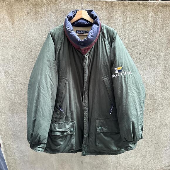 Nautica Jacket Vintage 90s Puffer Long Sleeve Green Navy Red Size XL - Picture 1 of 4